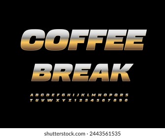 Vector cool emblem Coffee Break. Trendy Gold Font. Chic Alphabet Letters and Numbers set.