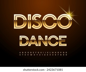 Vector cool Emblem Disco Party. Trendy Exclusive Alphabet Letters and Numbers set. Luxury Gold Font.