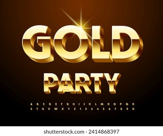 Vector cool Emblem Gold Party. Elegant Gold Font. Trendy 3D Alphabet Letters and Numbers.