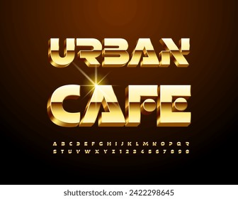 Vector cool Emblem Urban Cafe.  Exclusive Gold Font. Futuristic style 3D Alphabet Letters and Numbers.