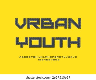 Vector Cool emblem Urban Youth. Black Denim Font. Jeans style Alphabet Letters and Numbers set.
