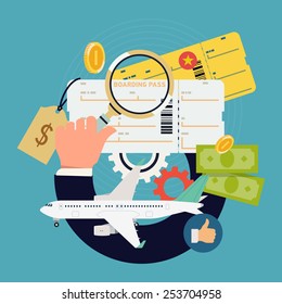 Vector cool flat concept design on airfare and boarding pass tickets search and price comparison | Flights and airfare deals searching web banner template with air plane, coins, hand with magnifier