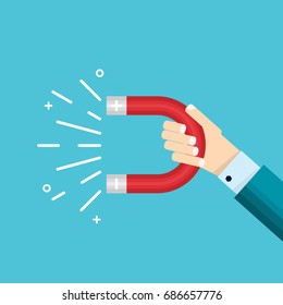 vector cool flat design element on abstract businessman hand holding attract magnet with plus and minus poles
