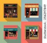 Vector cool flat design square architecture detailed icons on retro style local shop store facade with awning, book store, small bakery and grocery market | Small business icons with store facades