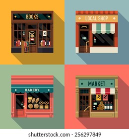 Vector Cool Flat Design Square Architecture Detailed Icons On Retro Style Local Shop Store Facade With Awning, Book Store, Small Bakery And Grocery Market | Small Business Icons With Store Facades