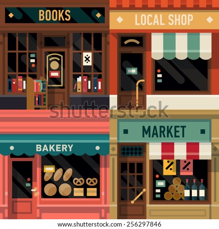 Vector cool flat design square architecture detailed icons on retro style local shop store facade with awning, book store, small bakery and grocery market | Small business icons with store facades