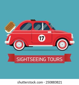 Vector cool flat design web icon on sightseeing tours with recreational transport vehicle retro small open top red city car with picnic basket installed 