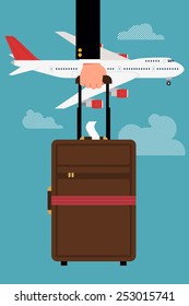 Vector Cool Flat Design Web Banner Or Printable On Business Trip And Travel With Jet Airliner Flying, Abstract Businessman's Hand Holding Cabin Size Luggage, And Clouds | Business Class Airline Trip