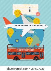 Vector cool flat design web banner on airline tickets and travel with jet airliner flying, sightseeing bus, boarding pass ticket and globe with clouds, route marks and location pins