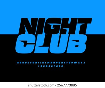 Vector cool flyer Night Club. Bright Unique Font. Modern set of Trendy Alphabet Letters and Numbers.