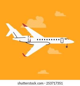 Vector cool four colors flat design web icon on commercial transport passenger business jet air plane airliner, side view with wings