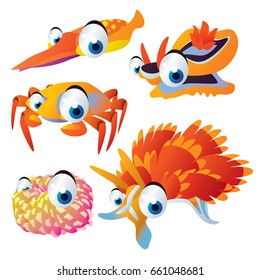 vector cool funny bright colored cartoon sea life animal illustration: squid, crab, shellfish