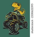 Vector cool funny dinosaur tyrannosaurus rex with glasses on a monster truck