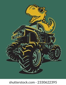 Vector cool funny dinosaur tyrannosaurus rex with glasses on a monster truck