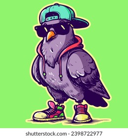 Vector of a cool ghetto pigeon with sunglasses, a hip hop hat and a pair of sneakers. Gangsta bird in streetwear and a chill attitude