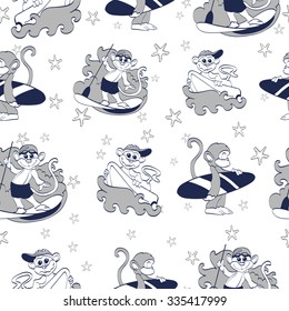 Vector Cool Gray Surfning Monkeys Seamless Pattern. SUP board. Boogie Board