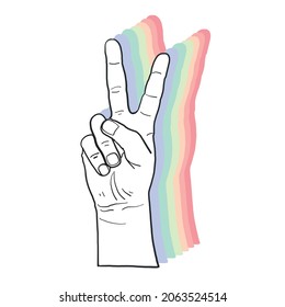 Vector Cool Hand Drawn design of Peace sign hand with colorful shadow. Isolated on white. Design element. 