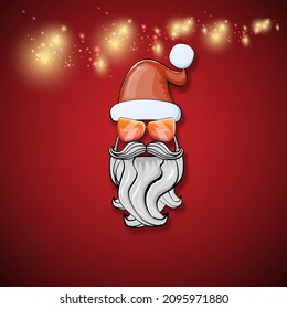 Vector cool hipster Santa Claus with santa red hat and sunglasses isolated on red. Merry Christmas label and print with biker santa head icon, beard and mustache.