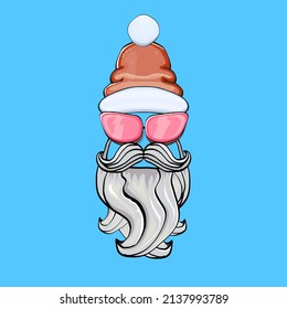 Vector cool hipster Santa Claus with santa red hat and sunglasses isolated on winter blue background. Merry Christmas label and print with biker santa head icon, beard and moustache.