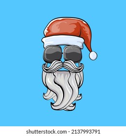 Vector cool hipster Santa Claus with santa red hat and sunglasses isolated on winter blue background. Merry Christmas label and print with biker santa head icon, beard and moustache.