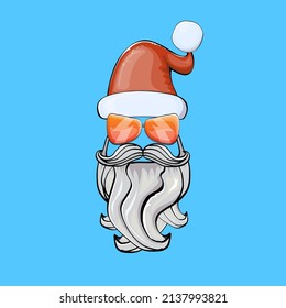 Vector cool hipster Santa Claus with santa red hat and sunglasses isolated on winter blue background. Merry Christmas label and print with biker santa head icon, beard and moustache.