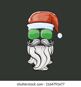 Vector cool hipster Santa Claus with santa red hat and sunglasses isolated on grey background. Merry Christmas label and print with biker santa head icon, beard and moustache.