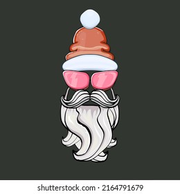 Vector cool hipster Santa Claus with santa red hat and sunglasses isolated on grey background. Merry Christmas label and print with biker santa head icon, beard and moustache.