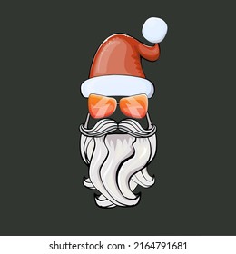 Vector cool hipster Santa Claus with santa red hat and sunglasses isolated on grey background. Merry Christmas label and print with biker santa head icon, beard and moustache.