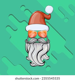 Vector cool hipster Santa Claus with santa red hat and sunglasses isolated on abstract green background. Merry Christmas label and print with biker santa head icon, beard and moustache.