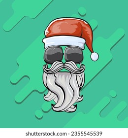 Vector cool hipster Santa Claus with santa red hat and sunglasses isolated on abstract green background. Merry Christmas label and print with biker santa head icon, beard and moustache.