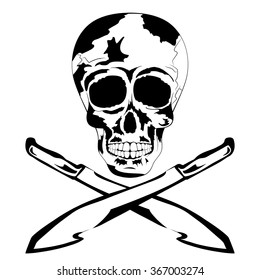 Vector of cool human tattoo skull with machete, shadows in black and white colors to the Day of The Dead. Line art, contour. Vector Illustration