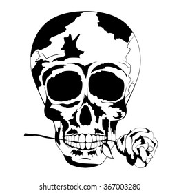 Vector of cool human tattoo skull with rose in the mouth, shadows in black and white colors to the Day of The Dead. Line art, contour. Vector Illustration
