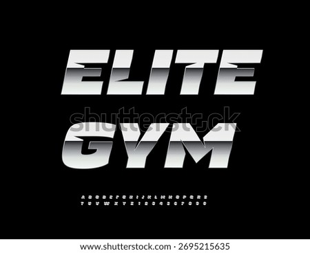 Vector Cool icon Elite Gym. Trendy Metallic Font. Modern Dynamic Silver Alphabet Letters and Numbers set. 
