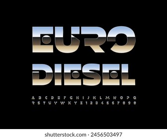 Vector cool icon Euro Diesel. Exclusive Metallic Font. Futuristic Silver Alphabet Letters and Numbers.