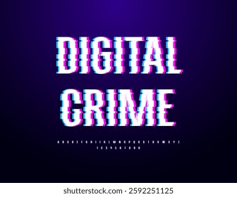 Vector Cool logo Digital Crime. Bright Techno Font. Glitched pixels Alphabet Letters and Numbers set