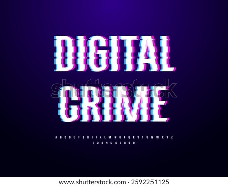Vector Cool logo Digital Crime. Bright Techno Font. Glitched pixels Alphabet Letters and Numbers set