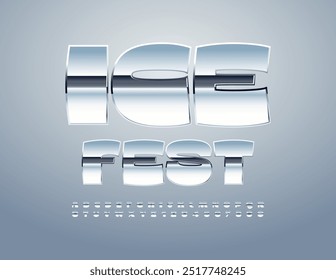 Vector cool logo Ice Fest. Trendy Glossy Font. Unique Silver Alphabet Letters and Numbers set.