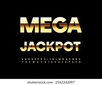 Vector cool logo Mega Jackpot. Digital Gold Font. Chic Alphabet Letters and Numbers.