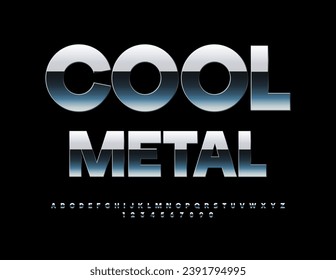 Fuente de metal de frío vectorial. Letras y números de alfabeto plateado reflexivo.