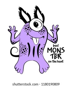 Vector cool monster. Hand drawn illustration of angry cartoon monster. Monster on the hunt. 4