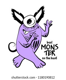 Vector cool monster. Hand drawn illustration of angry cartoon monster. Monster on the hunt. 2