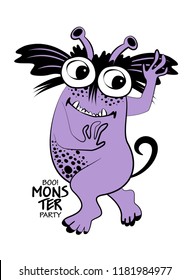 Vector cool monster. Hand drawn illustration of cartoon dancer monster. Monster party. 