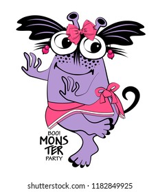 Vector cool monster. Hand drawn illustration of cartoon dancer monster. Monster party. 3