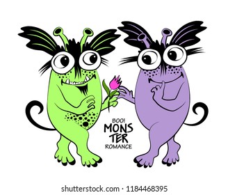 Vector cool monsters with flower. Hand drawn illustration of loving monsters. Monsters on a Date. 2