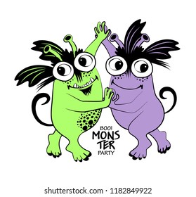Vector cool monsters. Hand drawn illustration of cartoon dancer monsters. Monster party. 4