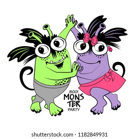 Vector cool monsters. Hand drawn illustration of cartoon dancer monsters. Monster party. 5