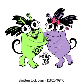 Vector cool monsters. Hand drawn illustration of cartoon dancer monsters. Monster party. 6