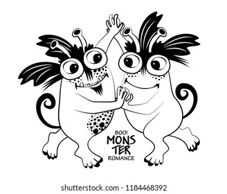 Vector cool monsters. Hand drawn illustration of loving monsters. Monsters on a Date. 1