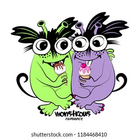 Vector cool monsters. Hand drawn illustration of loving monsters with ice cream. Monsters on a Date. 6