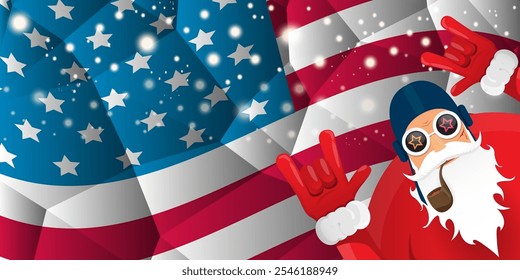 vector cool rock n roll santa claus with smoking pipe, santa beard and funky hat stands in front of american flag with snowflakes. Horizontal USA AMERICAN patriot Christmas hipster party poster design